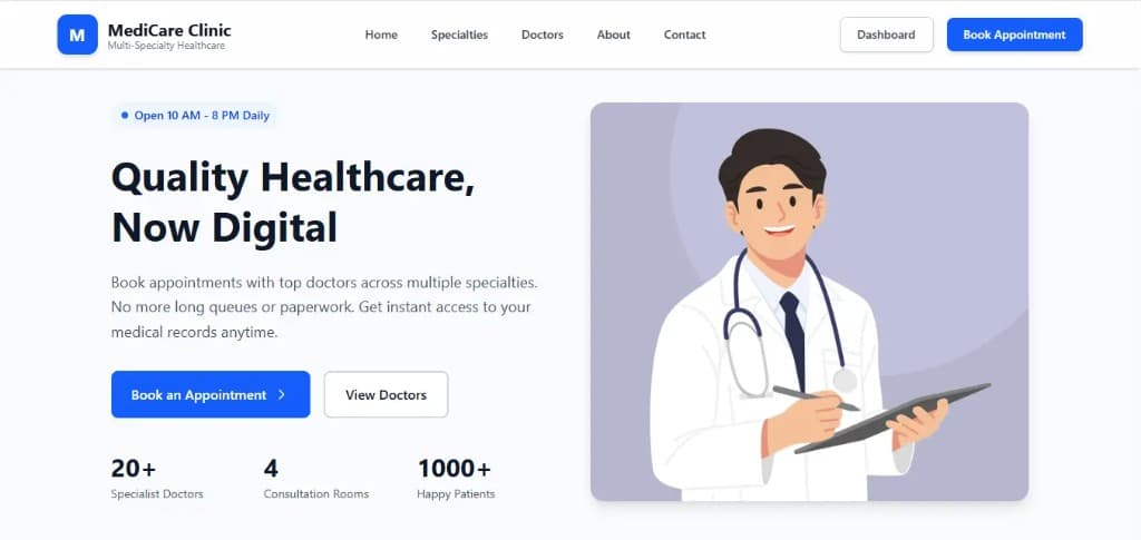MediCare Clinic management system homepage by Ayan Habib